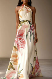 Floral Print One-shoulder Tie-waist Full-hem Maxi Dress