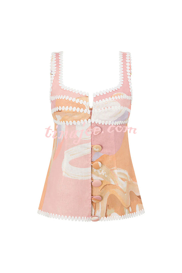 European Summer Linen Blend Ric Rac Trims Unique Print Button Tank