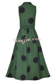 Polka Dot Print Shirt Pocketed Umbrella Maxi Dress