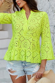Solid Color Casual Resort Style Hollow V-neck Shirt