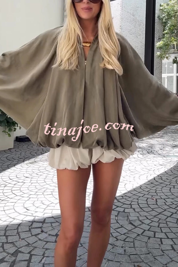 Fashion Lapel Loose Puff Long Sleeve Casual Zipper Jacket