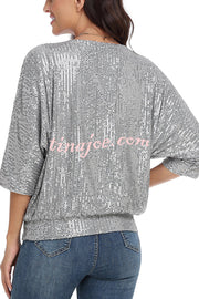 Solid Color Sequined Loose Round Neck Casual Top