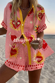 Beach Heart Print Loose Button Elastic Waist Shorts Set