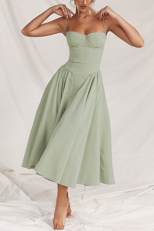 Solid Color Vintage Slim Fit Suspender Pocket Midi Dress