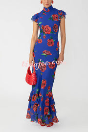 Cheongsam Style Rose Print Layered Trumpet Sleeves Stand Collar Maxi Dress