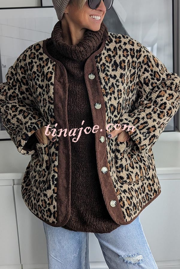 Warm Feel Colorblock Leopard Print Plush Button Up Pocketed Teddy Jacket