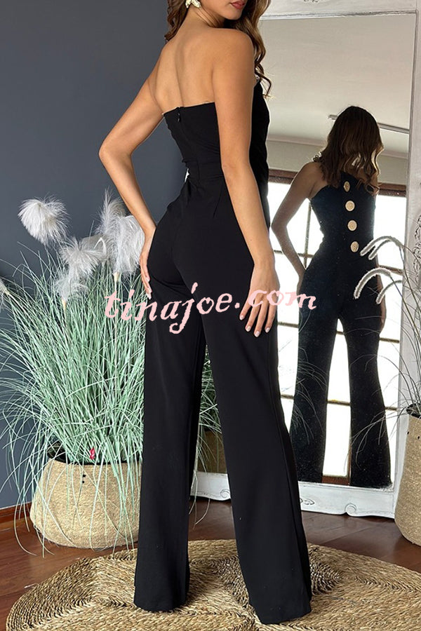 Solid Color Sexy Tube Top Gold Button Embellished Bootcut Jumpsuit