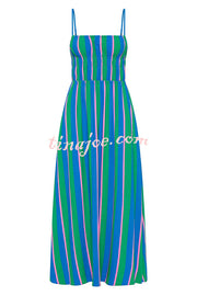 Gigi Linen Blend Stripe Elastic Bodice Pocket Loose Midi Dress