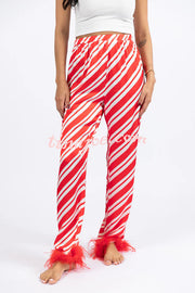 Christmas Party Striped Print Pocket Feather Elastic Waist Pajama Set