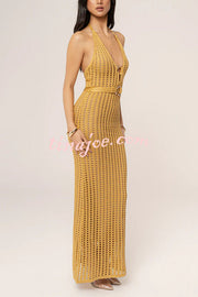 Ocean Dream Crochet Knit Golden Decoration Halter Stretch Maxi Dress