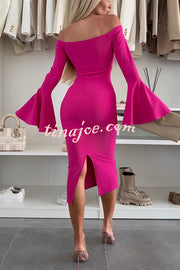 Solid Color Sexy Off-shoulder Trumpet Sleeve Slim Midi Dress