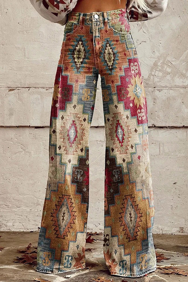 Beautiful Unique Print Button Pocket Wide Leg Pants