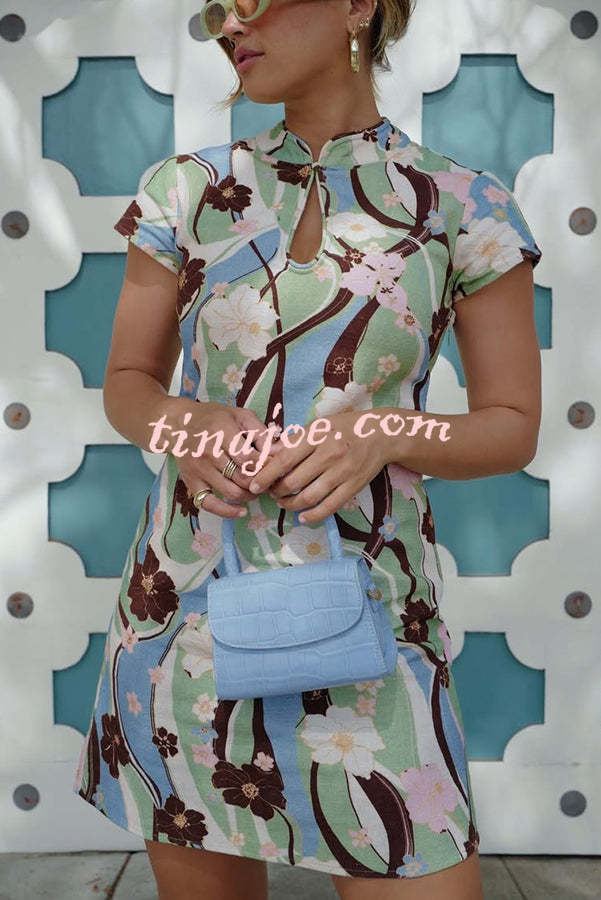 Cheongsam Style Floral Print Short Sleeve Stretch Mini Dress