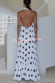 Really Special Pleated Polka Dot Print High Halter Neck A-line Maxi Dress