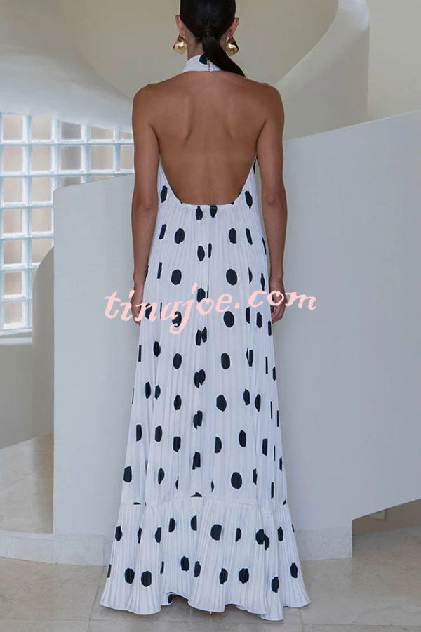 Really Special Pleated Polka Dot Print High Halter Neck A-line Maxi Dress
