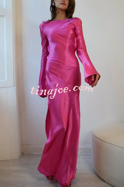 Satin Elegant Long-sleeved Open-back Slim-fit Slit Maxi Dress
