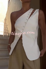 Full of Design Solid Color One Shoulder Asymmetric Slit Button Casual Vest