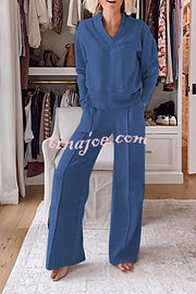 Weather Gets Cold Solid Color V-neck Top and Elastic Waist Pocketed Lounge Pants Set