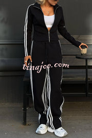 Fashionable Sports Style Striped Long-sleeved Jacket and Elastic Waist Casual Pants Set