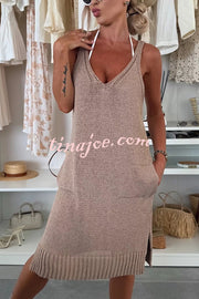 Solid Color V-Neck Sleeveless Casual Pocket Knitted Midi Dress