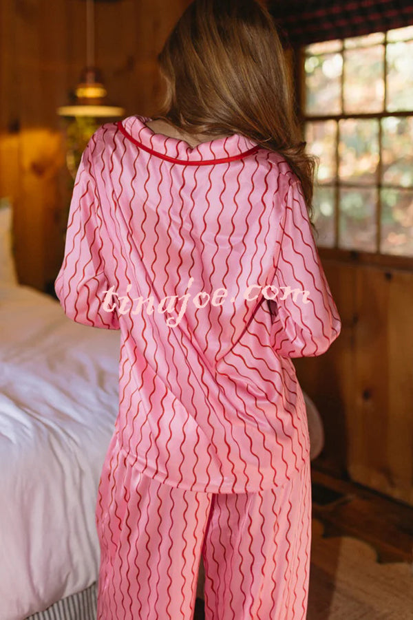 Satin Wave Print Long Sleeve Bow Shirt and Elastic Waist Loose Pants Set