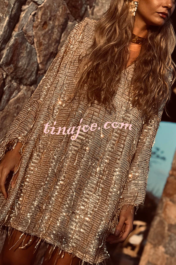 Flowing Shimmer Sequin Tassel Fabric Bell Sleeve Back Tie-up Loose Mini Dress