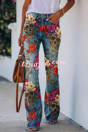 On A Drive Printed Faux Denim High Rise Flare Pants