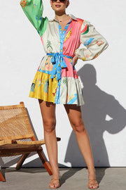 Summer Unique Printed Shirt Collar Lantern Sleeves Waist Tie Mini Dress