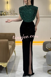 Fall Into You Sequin Velvet Patchwork Ruched Slit Stretch Maxi Dress