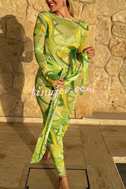 Nessie Mesh Unique Print Tie-up Waist Long Sleeve Stretch See-Through Maxi Dress