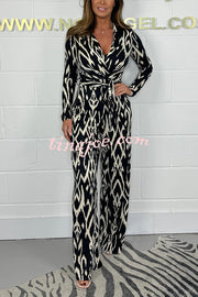 Fashion Leopard Print V-Neck Long Sleeve Lace-Up Casual Jumpsuit