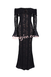 Outline The Curve Floral Lace Off Shoulder Bell Sleeve Stretch Maxi Dress