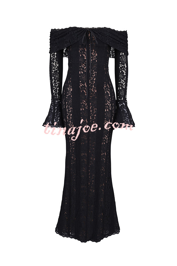 Outline The Curve Floral Lace Off Shoulder Bell Sleeve Stretch Maxi Dress