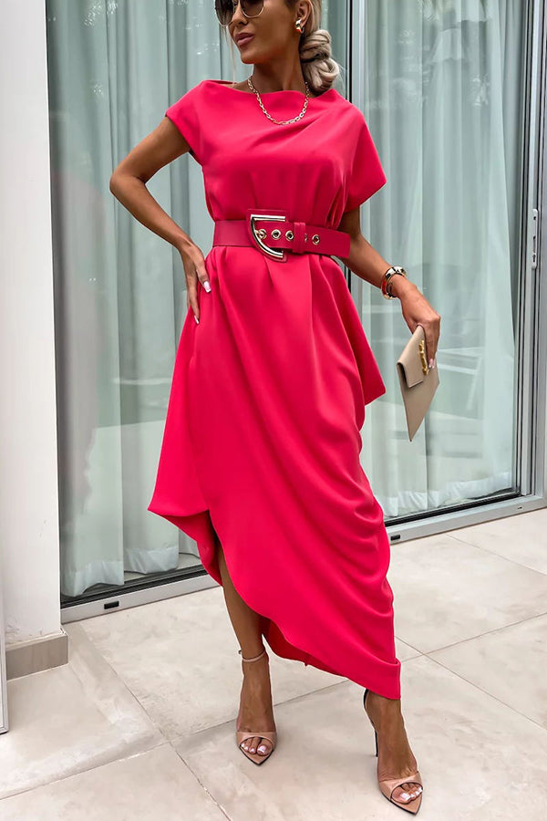 Extraordinary Cut Asymmetrical Short Sleeve Belted Loose Midi Dress