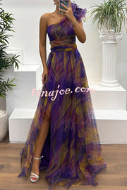 Charming Embrace Tulle Floral Pleated One Shoulder Slit Maxi Dress