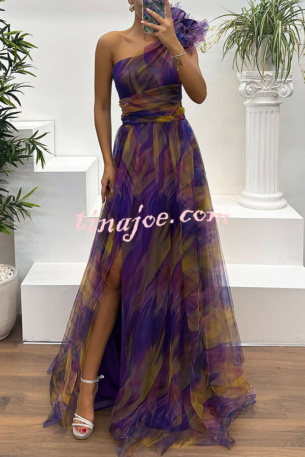 Charming Embrace Tulle Floral Pleated One Shoulder Slit Maxi Dress