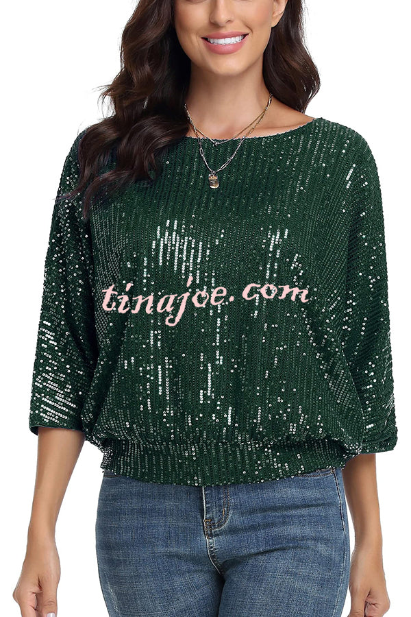 Solid Color Sequined Loose Round Neck Casual Top