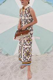 Unique Print Sleeveless Button Resort Midi Dress