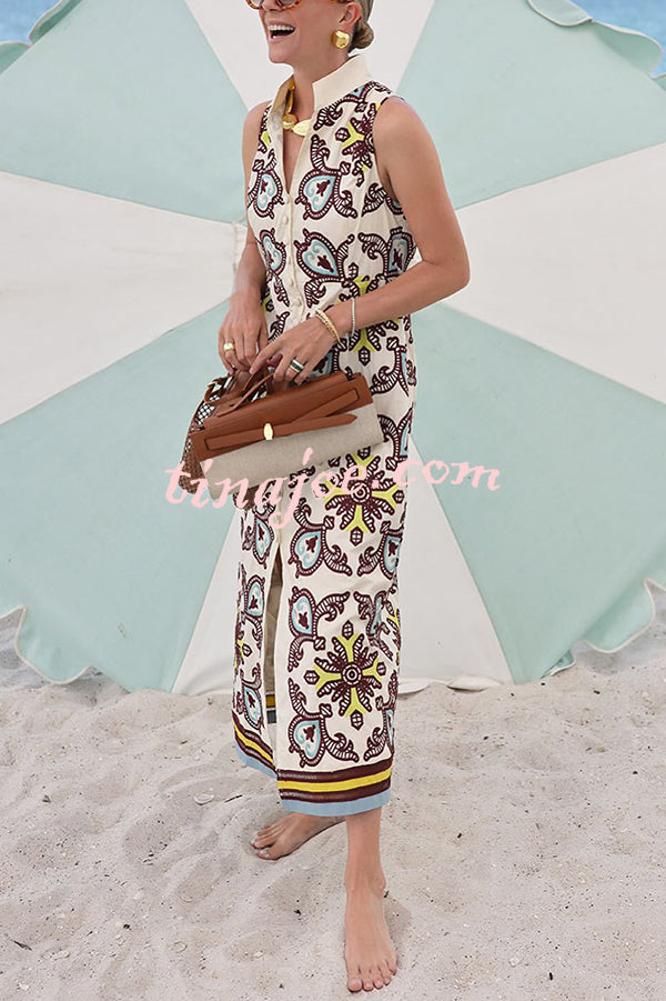 Unique Print Sleeveless Button Resort Midi Dress