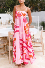 Botanical Print Square Neck Suspender Casual Full Hem Maxi Dress