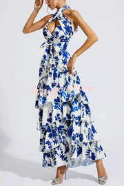 Gorgeous Styling Botanical Print Halter Neck Open Back Tiered Hem Maxi Dress