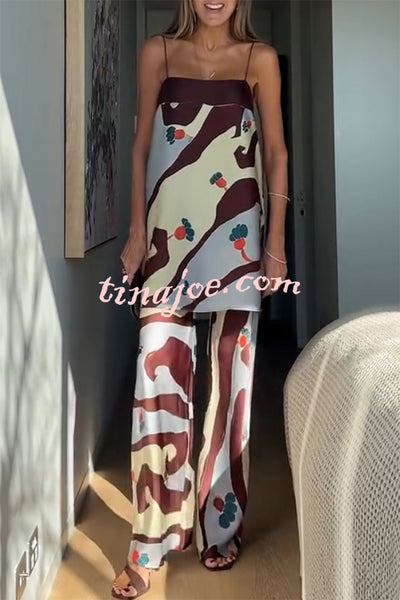 Loving Views Satin Unique Print a-line Tank and Elastic Waist Loose Pants Set