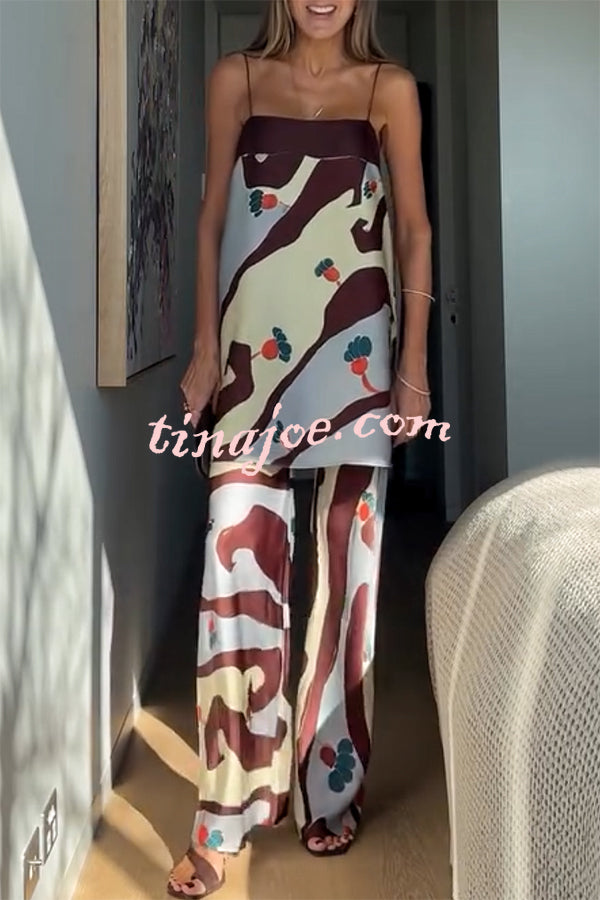 Loving Views Satin Unique Print a-line Tank and Elastic Waist Loose Pants Set