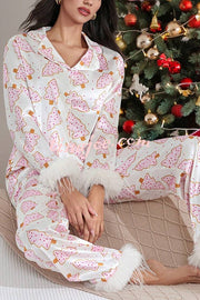 Christmas Print Feather Trim Elastic Waist Pocket Pajama Set