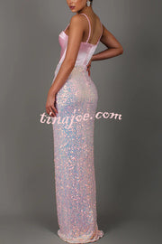 All about Glam Satin Corset Sequin Twist High Leg Split Maxi Dress