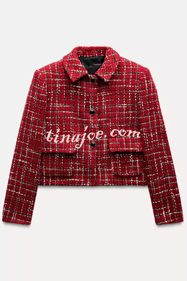 Tweed Plaid Textured Long-sleeved Casual Pocket Jacket