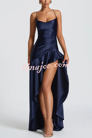 Solid Color Sexy Backless Lace-up Irregular Ruffled Maxi Dress