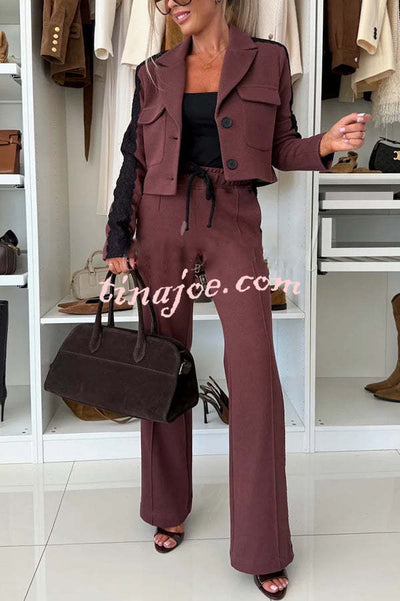 Fashion Lace Panel Long-sleeved Crop Top and Elastic Waist Tie Pocket Casual Pants Set