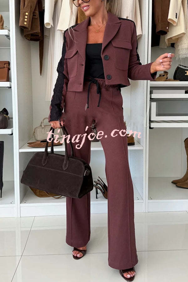 Fashion Lace Panel Long-sleeved Crop Top and Elastic Waist Tie Pocket Casual Pants Set