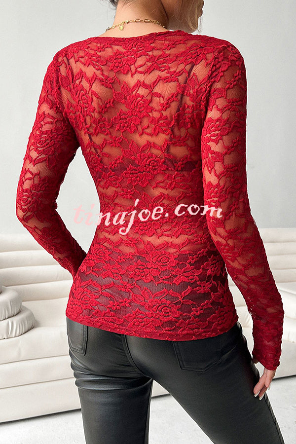 Solid Color Lace V-neck Long-sleeved Slim-fit Top